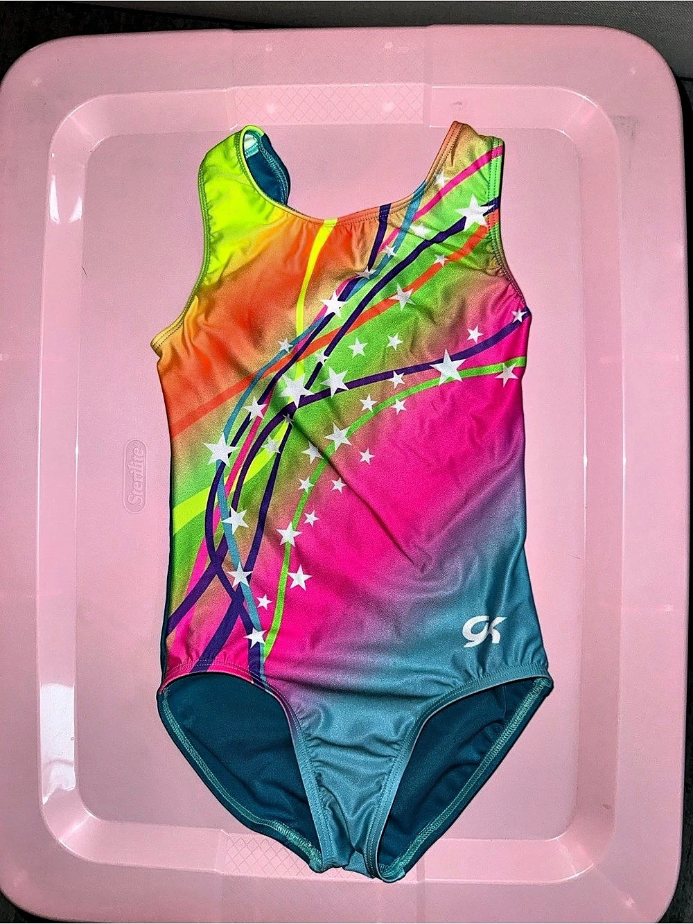 GK Rainbow Star Burst Girls One-Piece Pink & Blue Waist 5-6